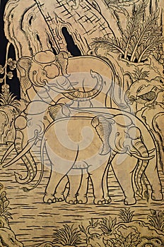 Elephant Pattern is the Gild Lacquer Art in Thai Traditional Style. photo