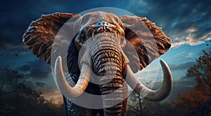 an elephant in tusks with white feathers