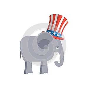 Elephant in Uncle Sam hat. Republican Elephant. Symbol of political party in America. Political illustration for elections in