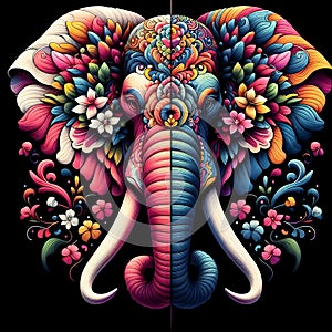 An elephant with a vibrant display of flowers and leaves on its head against a dark backdrop.