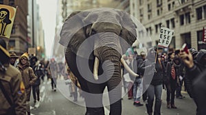Elephant Walking Through a City Protest, A majestic elephant calmly walks down a city street filled with protesters,