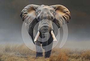 Elephant walking in the savannah with big ears and tusks