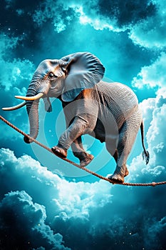 An elephant walking on a rope in the sky