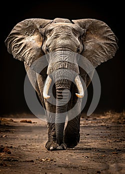 Elephant walking towards the camera with black background