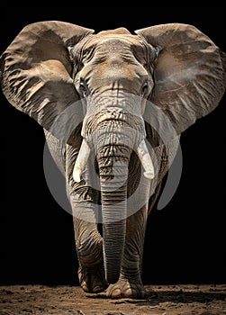 Elephant walking towards the camera with its trunk up