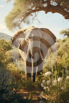 an elephant walks in Africa in the savannah