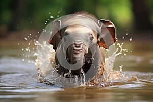 an elephant in water with its trunk up