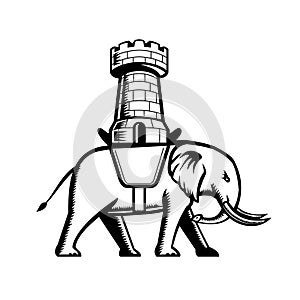 Elephant Wearing Saddle with Castle or Single Tower on Top Retro Woodcut Style Black and White