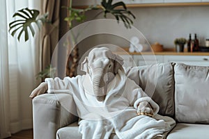 Elephant in white bathrobe relaxing on a couch, concept of whimsy and comfort in home setting.