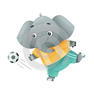 Elephant wild African animal playing soccer. Cute football mascot in sports uniform cartoon vector illustration