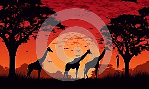 elephant wild safari africa nature giraffe animal silhouette wildlife sunset. Generative AI.