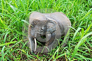 Elephant wood carving in grass field isolated on white background