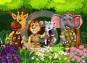 Elephant, Zebra, Lion, And Girrafe In Forest  With Trees And Flowers Cartoon