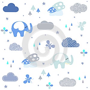 Baby shower seamless pattern with Cute elephant, clouds, butterfly, flowers, mushrooms.