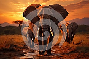 Elephants in Amboseli National Park, Africa, crossing Olifant River at dusk