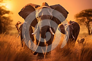 Elephants in Chobe National Park, Botswana, Africa, a herd of elephants walking across a dry grass field at sunset with the sun in