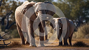 Elephants family walking on the road in wildlife reserve. Elephant and her baby walking on the field