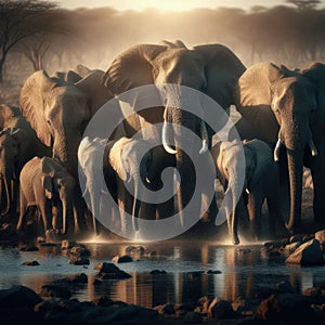 Elephants gathering at a waterhole during a scorching afternoon