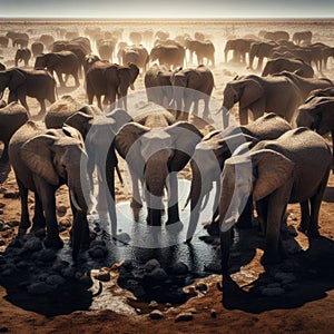 Elephants gathering at a waterhole during a scorching afternoon