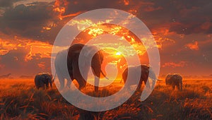 Elephants grazing at sunset in a field with trees and clouds