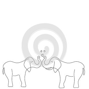 Elephants love hearts line drawing, vector illustration