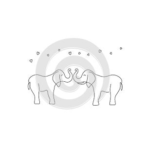 Elephants love hearts line drawing, vector illustration