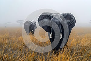 Elephants in Misty Tarangire: A Serene Savannah Symphony. Concept Wildlife Photography, African