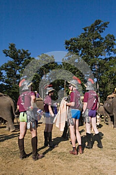 Elephants polo players during elephants polo, Nepal