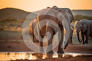 Elephants Quenching Thirst at Sunset