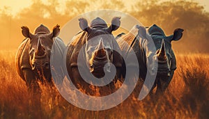 Elephants and rhinoceros roam the African savannah at sunset generated by AI