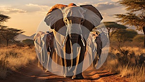 Elephants roam Africa savannah, a tranquil sunset wilderness scene generated by AI