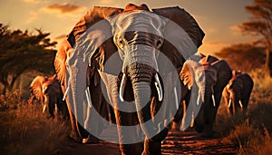 Elephants roam freely in the African savannah at sunset generated by AI