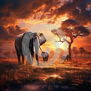 Elephants in Serengeti National Park, Tanzania  Made With Generative AI illustration