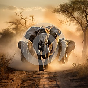 Elephants stampede in the dust.