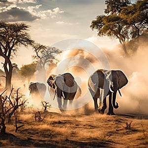 Elephants stampede in the dust.