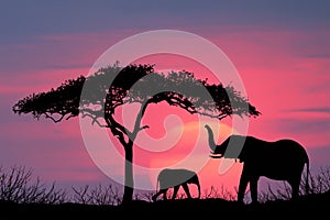 Elephants standing under tree at sunrise on the Massai Mara