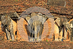 Elephants Statue At Wat Chang Lom, Sukhothai, Thailand