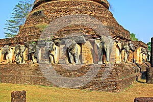 Elephants Statue At Wat Chang Lom, Sukhothai, Thailand