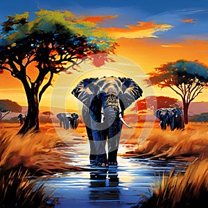 Elephants stroll on plains at sunset near trees and water