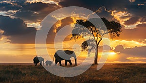 Elephants at sunset. AI generated.