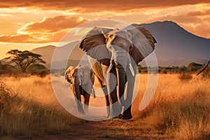 Elephants at sunset in Serengeti National Park, Tanzania, Elephants walking by the grass in savannah. Beautiful animals at the