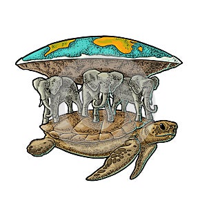 Elephants and turtle holding flat earth. Engraving vintage black illustration.