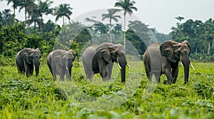 Elephants walking in a lush African forest