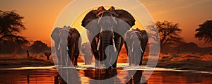 Elephants in the water at sunset