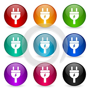 Eletricity, energy, power, plug vector icons, set of colorful glossy 3d rendering ball buttons in 9 color options