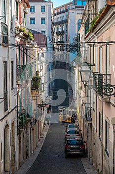 Elevador da Bica, tram, in Lisbon. Old houses, narrow streets, historic old town Portugal