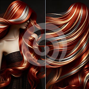 Fireside Fusion: Red Tresses Elevated by Alternating Gold and Silver Highlights. photo