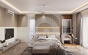 Elevate your Bedroom with Whitish and Wooden Theme,Stylish and Cozy Bed, LED Light, Carpet,TV