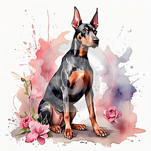 Watercolor Doberman clipart, aquarela style, with flowers, colorfully pink. Generative AI photo