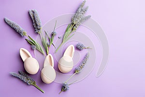 Elevate your Easter decor with this top view photo of Easter bunny ears, colorful eggs